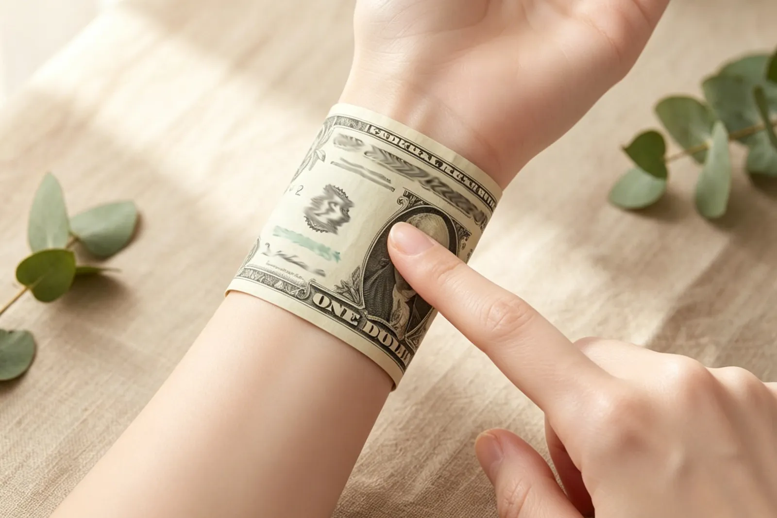 Using a US dollar bill wrapped around the wrist to estimate bracelet size